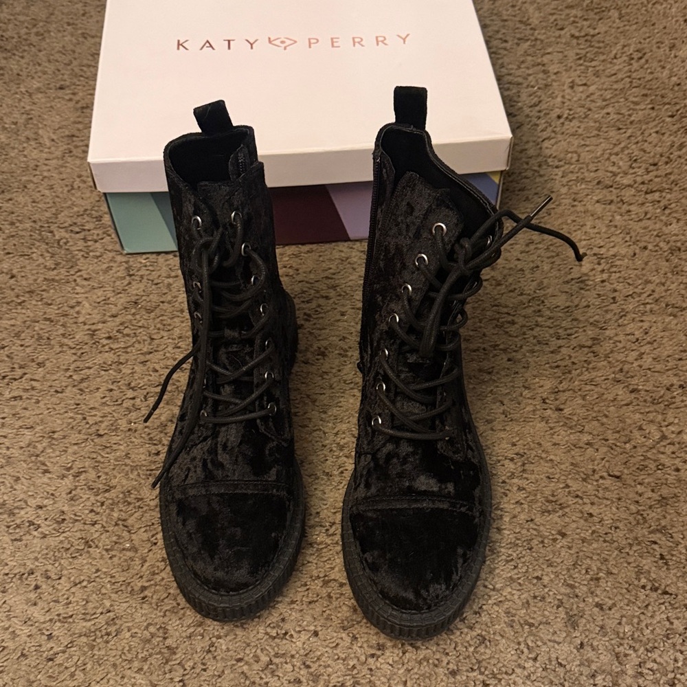 Katy Perry Collections Black Velvet Combat Boots - Picture 2 of 7